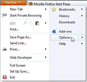 Screenshot of Windows-based Firefox button menu open.  The Options menu item is highlighted.