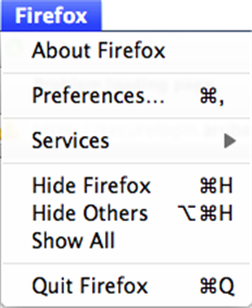 Screenshot of the Mac-based Firefox menu open.