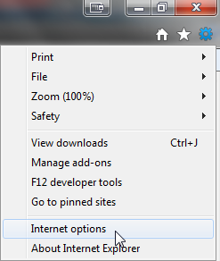 Screenshot showing the settings menu open in Internet Explorer.
