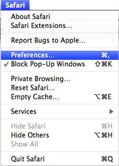 Screenshot of the Mac-based Safari menu open.  The Preferences menu item is highlighted.