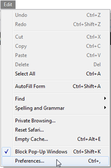 Screenshot of the Windows-based Safari Edit menu open.  The Preferences menu item is highlighted.
