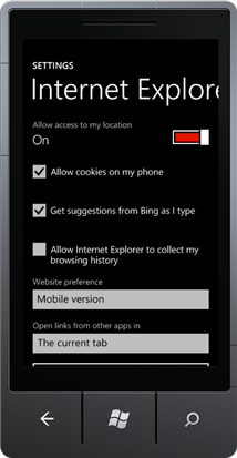 Screenshot showing the Allow cookies on my phone option in the Internet Explorer settings on a Windows Phone 7 device.